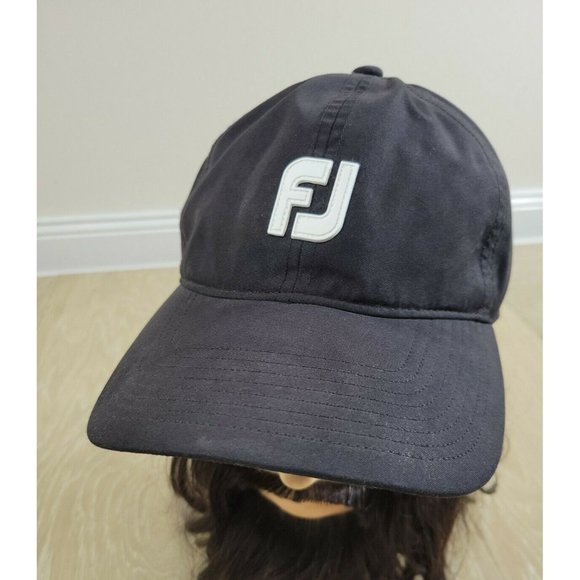 FJ Dry Joys Dryjoys Golf Cap Baseball Hat Black Strapback White Rubber Logo - Picture 1 of 11